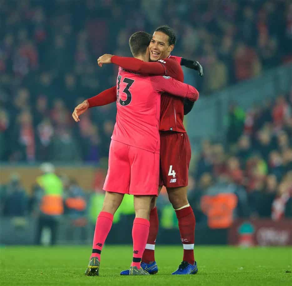 LIVERPOOL, ENGLAND - Wednesday, February 27, 2019: Liverpool's two-goal hero Virgil van Dijk celebrates with goalkeeper Alisson Becker at the final whistle during the FA Premier League match between Liverpool FC and Watford FC at Anfield. Liverpool won 5-0. (Pic by Paul Greenwood/Propaganda)