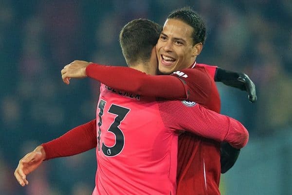 LIVERPOOL, ENGLAND - Wednesday, February 27, 2019: Liverpool's two-goal hero Virgil van Dijk celebrates with goalkeeper Alisson Becker at the final whistle during the FA Premier League match between Liverpool FC and Watford FC at Anfield. Liverpool won 5-0. (Pic by Paul Greenwood/Propaganda)