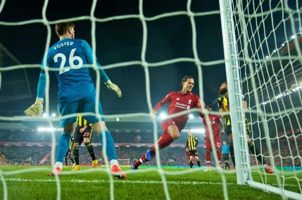 LIVERPOOL, ENGLAND - Wednesday, February 27, 2019: Liverpool's Virgil van Dijk celebrates scoring the fourth goal during the FA Premier League match between Liverpool FC and Watford FC at Anfield. (Pic by Paul Greenwood/Propaganda)