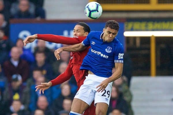 LIVERPOOL, ENGLAND - Sunday, March 3, 2019: Liverpool's Virgil van Dijk and Everton's Dominic Calvert-Lewin during the FA Premier League match between Everton FC and Liverpool FC, the 233rd Merseyside Derby, at Goodison Park. (Pic by Laura Malkin/Propaganda)