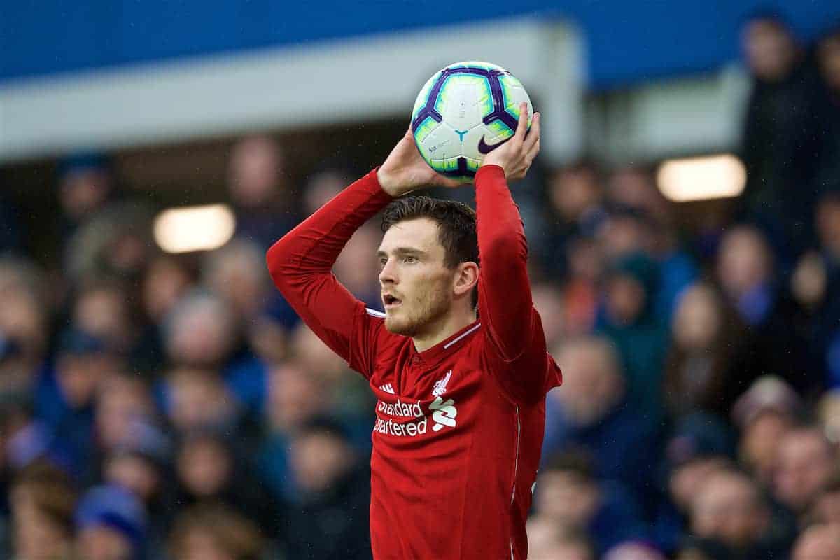 LIVERPOOL, ENGLAND - Sunday, March 3, 2019: Liverpool's Andy Robertson takes a throw-in during the FA Premier League match between Everton FC and Liverpool FC, the 233rd Merseyside Derby, at Goodison Park. (Pic by Laura Malkin/Propaganda)