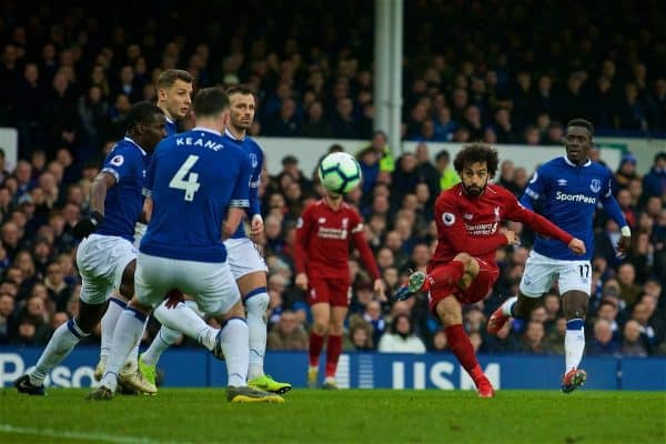 LIVERPOOL, ENGLAND - Sunday, March 3, 2019: Liverpool's Mohamed Salah shoots during the FA Premier League match between Everton FC and Liverpool FC, the 233rd Merseyside Derby, at Goodison Park. (Pic by Laura Malkin/Propaganda)