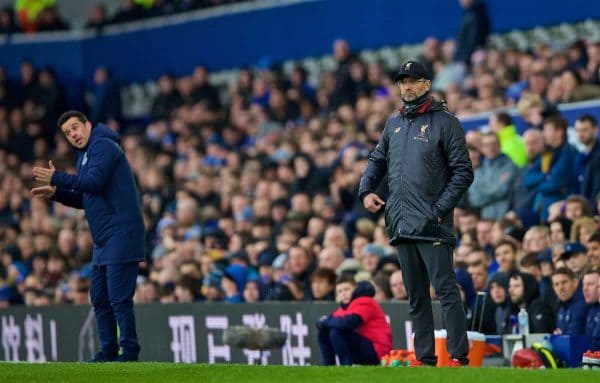 LIVERPOOL, ENGLAND - Sunday, March 3, 2019: Liverpool's manager Jürgen Klopp (R) and Everton's manager Marco Silva (L) during the FA Premier League match between Everton FC and Liverpool FC, the 233rd Merseyside Derby, at Goodison Park. (Pic by Laura Malkin/Propaganda)