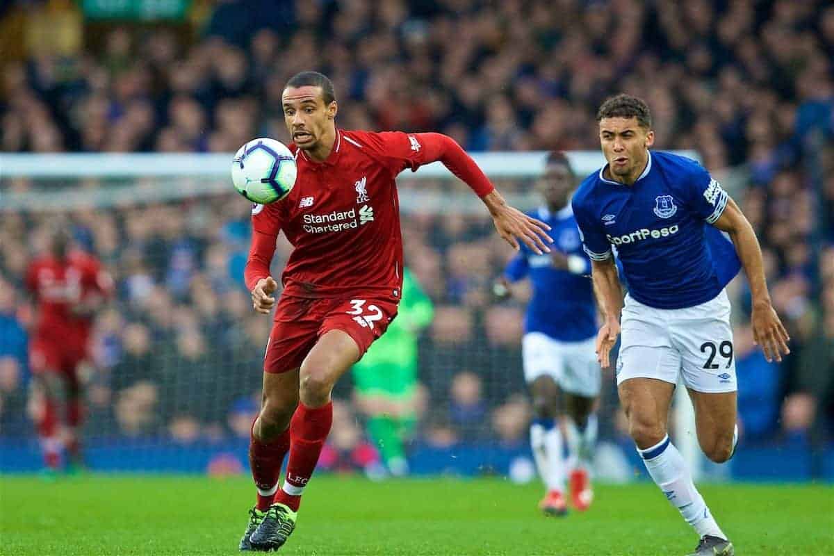 LIVERPOOL, ENGLAND - Sunday, March 3, 2019: Liverpool's Joel Matip (L) and Everton's Dominic Calvert-Lewin during the FA Premier League match between Everton FC and Liverpool FC, the 233rd Merseyside Derby, at Goodison Park. (Pic by Paul Greenwood/Propaganda)