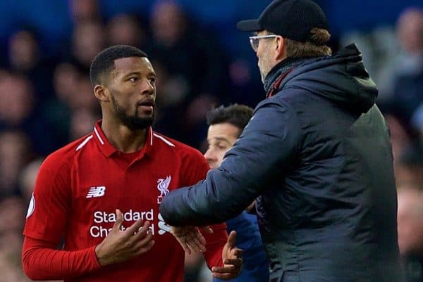 LIVERPOOL, ENGLAND - Sunday, March 3, 2019: Liverpool's Georginio Wijnaldum is given instructions by manager J¸rgen Klopp during the FA Premier League match between Everton FC and Liverpool FC, the 233rd Merseyside Derby, at Goodison Park. (Pic by Laura Malkin/Propaganda)