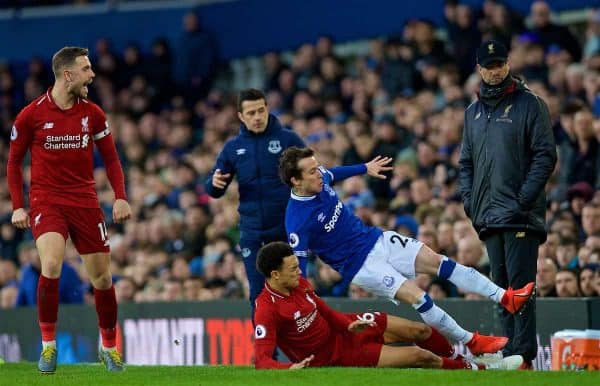 LIVERPOOL, ENGLAND - Sunday, March 3, 2019: Liverpool's Trent Alexander-Arnold tackles Everton's Bernard Anício Caldeira Duarte during the FA Premier League match between Everton FC and Liverpool FC, the 233rd Merseyside Derby, at Goodison Park. (Pic by Laura Malkin/Propaganda)