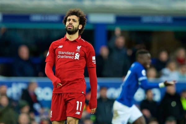 LIVERPOOL, ENGLAND - Sunday, March 3, 2019: Liverpool's Mohamed Salah looks dejected during the FA Premier League match between Everton FC and Liverpool FC, the 233rd Merseyside Derby, at Goodison Park. (Pic by Paul Greenwood/Propaganda)