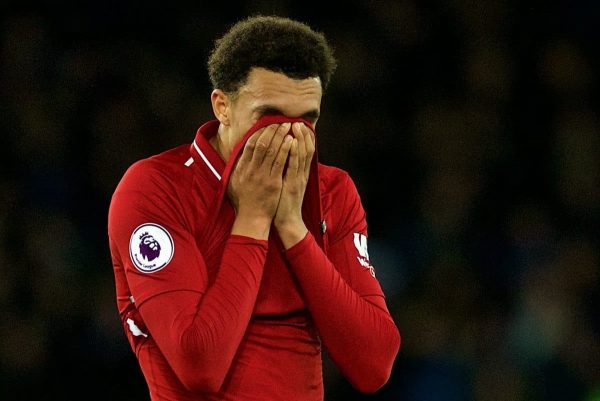 LIVERPOOL, ENGLAND - Sunday, March 3, 2019: Liverpool's Trent Alexander-Arnold looks dejected after the goal-less draw during the FA Premier League match between Everton FC and Liverpool FC, the 233rd Merseyside Derby, at Goodison Park. (Pic by Paul Greenwood/Propaganda)