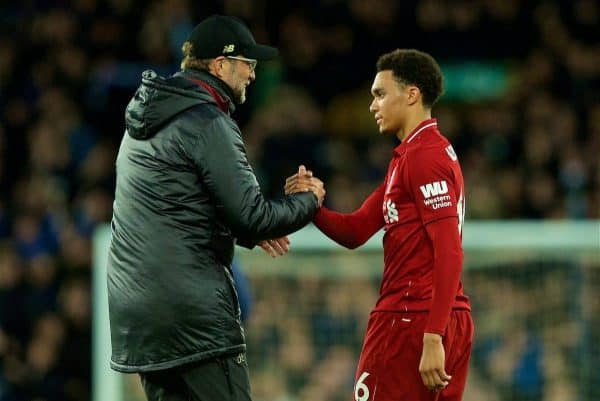 LIVERPOOL, ENGLAND - Sunday, March 3, 2019: Liverpool's manager J¸rgen Klopp shakes hands with Trent Alexander-Arnold after the goal-less draw during the FA Premier League match between Everton FC and Liverpool FC, the 233rd Merseyside Derby, at Goodison Park. (Pic by Paul Greenwood/Propaganda)