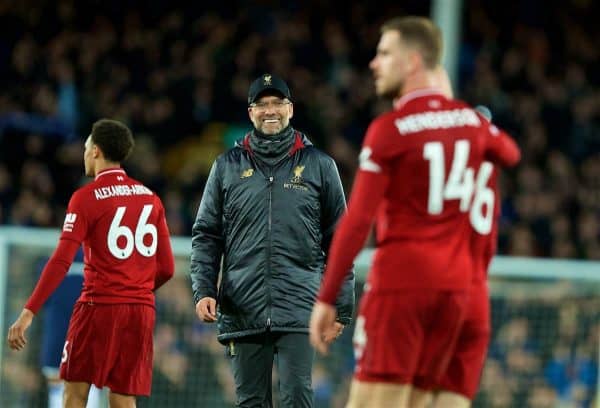 LIVERPOOL, ENGLAND - Sunday, March 3, 2019: Liverpool's manager Jürgen Klopp smiles at captain Jordan Henderson during the FA Premier League match between Everton FC and Liverpool FC, the 233rd Merseyside Derby, at Goodison Park. (Pic by Paul Greenwood/Propaganda)