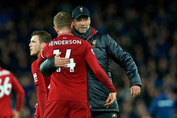 LIVERPOOL, ENGLAND - Sunday, March 3, 2019: Liverpool's manager Jürgen Klopp embraces captain Jordan Henderson after the goal-less draw during the FA Premier League match between Everton FC and Liverpool FC, the 233rd Merseyside Derby, at Goodison Park. (Pic by Paul Greenwood/Propaganda)