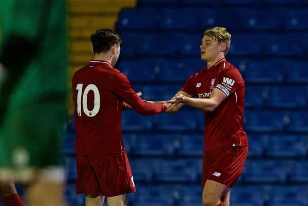 BURY, ENGLAND - Wednesday, March 6, 2019: Liverpool's captain Paul Glatzel celebrates scoring the first goal with team-mate Bobby Duncan (L) during the FA Youth Cup Quarter-Final match between Bury FC and Liverpool FC at Gigg Lane. (Pic by David Rawcliffe/Propaganda)