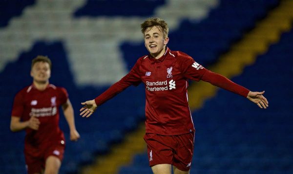 Wednesday, March 6, 2019: Liverpool's Jake Cain celebrates scoring the second goal during the FA Youth Cup Quarter-Final match between Bury FC and Liverpool FC at Gigg Lane. (Pic by David Rawcliffe/Propaganda)