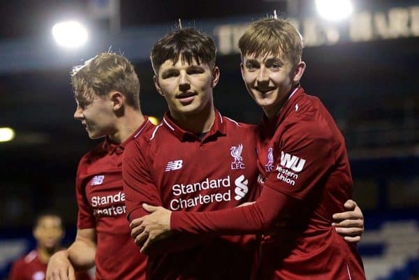 BURY, ENGLAND - Wednesday, March 6, 2019: Liverpool's Jake Cain (R) celebrates scoring the second goal with team-mates Bobby Duncan (C) and captain Paul Glatzel (L) during the FA Youth Cup Quarter-Final match between Bury FC and Liverpool FC at Gigg Lane. (Pic by David Rawcliffe/Propaganda)