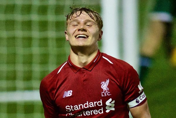 BURY, ENGLAND - Wednesday, March 6, 2019: Liverpool's captain Paul Glatzel celebrates scoring the third goal, his second of the game, during the FA Youth Cup Quarter-Final match between Bury FC and Liverpool FC at Gigg Lane. (Pic by David Rawcliffe/Propaganda)