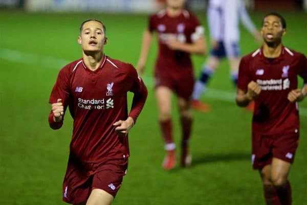 BURY, ENGLAND - Wednesday, March 6, 2019: Liverpool's Rhys Williams celebrates scoring the fourth goal during the FA Youth Cup Quarter-Final match between Bury FC and Liverpool FC at Gigg Lane. (Pic by David Rawcliffe/Propaganda)