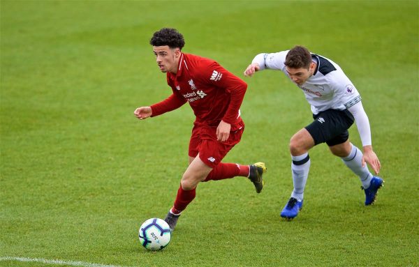 DERBY, ENGLAND - Friday, March 8, 2019: Liverpool's Curtis Jones gets away from Derby County's Ethan Wassall to score the opening goal during the FA Premier League 2 Division 1 match between Derby County FC Under-23's and Liverpool FC Under-23's at the Derby County FC Training Centre. (Pic by David Rawcliffe/Propaganda)