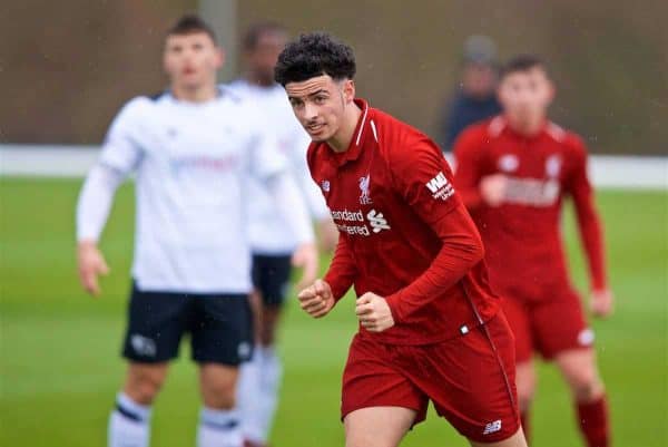 DERBY, ENGLAND - Friday, March 8, 2019: Liverpool's Curtis Jones celebrates scoring the third goal during the FA Premier League 2 Division 1 match between Derby County FC Under-23's and Liverpool FC Under-23's at the Derby County FC Training Centre. (Pic by David Rawcliffe/Propaganda)