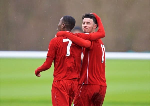 DERBY, ENGLAND - Friday, March 8, 2019: Liverpool's Rafael Camacho (L) celebrates scoring the second goal with team-mate Curtis Jones during the FA Premier League 2 Division 1 match between Derby County FC Under-23's and Liverpool FC Under-23's at the Derby County FC Training Centre. (Pic by David Rawcliffe/Propaganda)