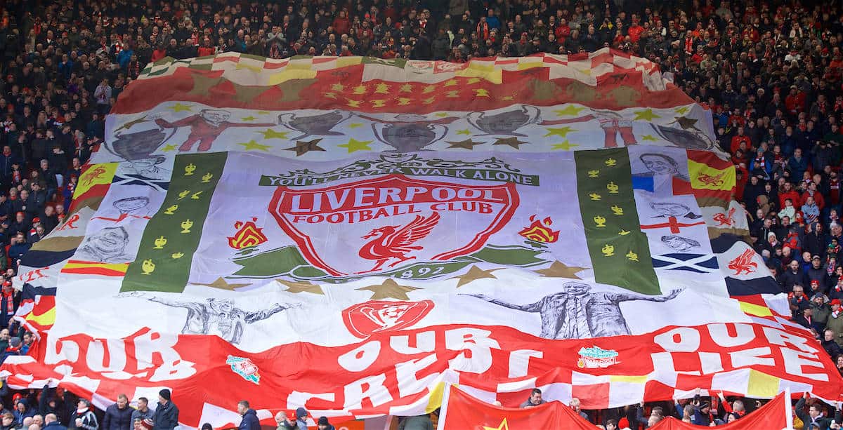 LIVERPOOL, ENGLAND - Saturday, March 9, 2019: Liverpool supporters' banner on the Spion Kop before the FA Premier League match between Liverpool FC and Burnley FC at Anfield. (Pic by David Rawcliffe/Propaganda)