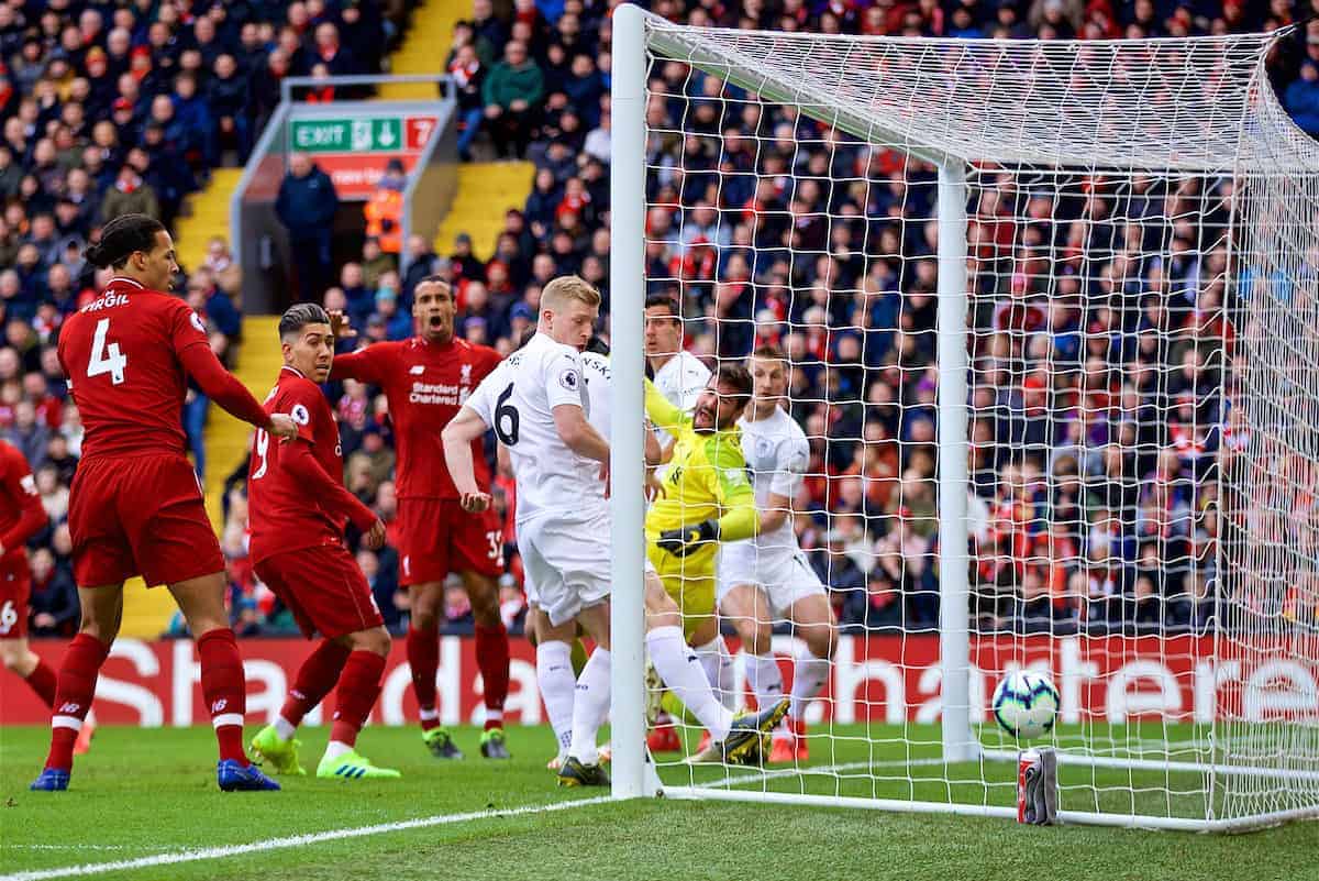 LIVERPOOL, ENGLAND - Saturday, March 9, 2019: Liverpool's goalkeeper Alisson Becker is fauled by two Burnley's players Ben Mee and James Tarkowski as the ball goes in for the opening goal during the FA Premier League match between Liverpool FC and Burnley FC at Anfield. (Pic by David Rawcliffe/Propaganda)