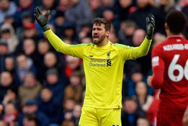 LIVERPOOL, ENGLAND - Saturday, March 9, 2019: Liverpool's goalkeeper Alisson Becker looks dejected after the referee refused to award a foul leading to Burnleyís opening goal during the FA Premier League match between Liverpool FC and Burnley FC at Anfield. (Pic by David Rawcliffe/Propaganda)