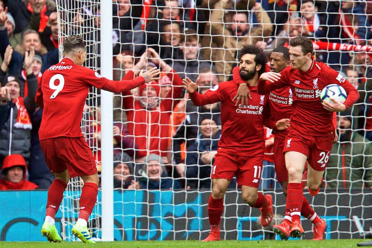 LIVERPOOL, ENGLAND - Saturday, March 9, 2019: Liverpool's Roberto Firmino celebrates scoring the first equalising goal with team-mates during the FA Premier League match between Liverpool FC and Burnley FC at Anfield. (Pic by David Rawcliffe/Propaganda)