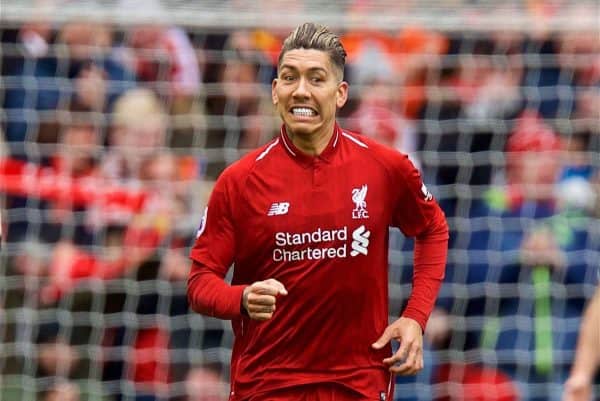 LIVERPOOL, ENGLAND - Saturday, March 9, 2019: Liverpool's Roberto Firmino celebrates scoring the first equalising goal during the FA Premier League match between Liverpool FC and Burnley FC at Anfield. (Pic by David Rawcliffe/Propaganda)