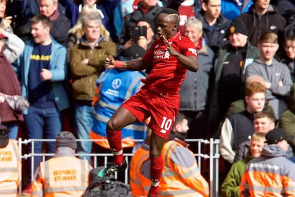 LIVERPOOL, ENGLAND - Saturday, March 9, 2019: Liverpool's Sadio Mane celebrates scoring the second goal during the FA Premier League match between Liverpool FC and Burnley FC at Anfield. (Pic by David Rawcliffe/Propaganda)