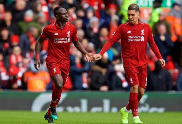 LIVERPOOL, ENGLAND - Saturday, March 9, 2019: Liverpool's Sadio Mane celebrates scoring the second goal with team-mate Roberto Firmino during the FA Premier League match between Liverpool FC and Burnley FC at Anfield. (Pic by David Rawcliffe/Propaganda)