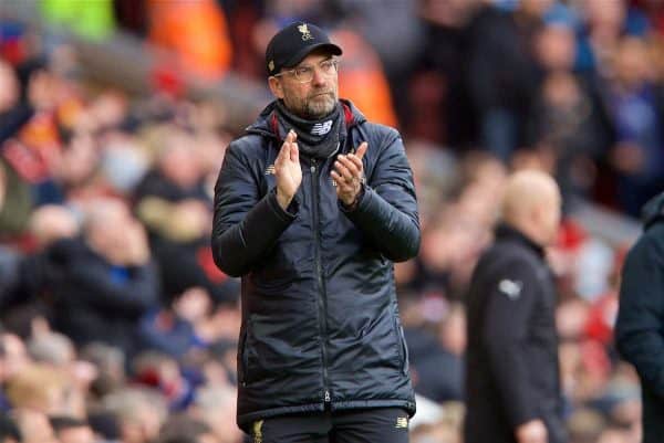 LIVERPOOL, ENGLAND - Saturday, March 9, 2019: Liverpool's manager Jürgen Klopp during the FA Premier League match between Liverpool FC and Burnley FC at Anfield. (Pic by David Rawcliffe/Propaganda)