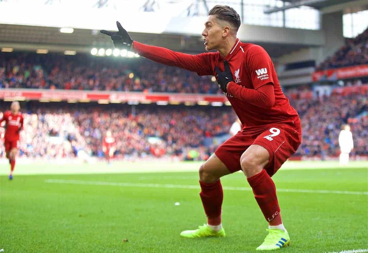 LIVERPOOL, ENGLAND - Saturday, March 9, 2019: Liverpool's Roberto Firmino celebrates scoring the third goal during the FA Premier League match between Liverpool FC and Burnley FC at Anfield. (Pic by David Rawcliffe/Propaganda)