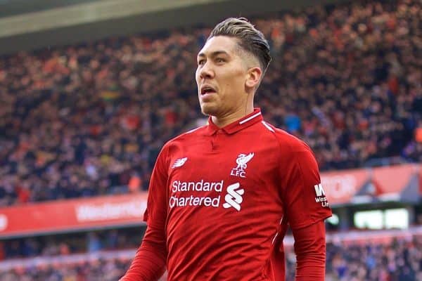 LIVERPOOL, ENGLAND - Saturday, March 9, 2019: Liverpool's Roberto Firmino celebrates scoring the third goal during the FA Premier League match between Liverpool FC and Burnley FC at Anfield. (Pic by David Rawcliffe/Propaganda)