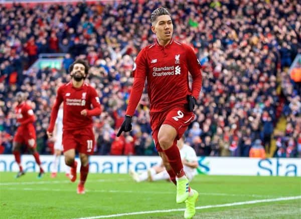 LIVERPOOL, ENGLAND - Saturday, March 9, 2019: Liverpool's Roberto Firmino celebrates scoring the third goal during the FA Premier League match between Liverpool FC and Burnley FC at Anfield. (Pic by David Rawcliffe/Propaganda)