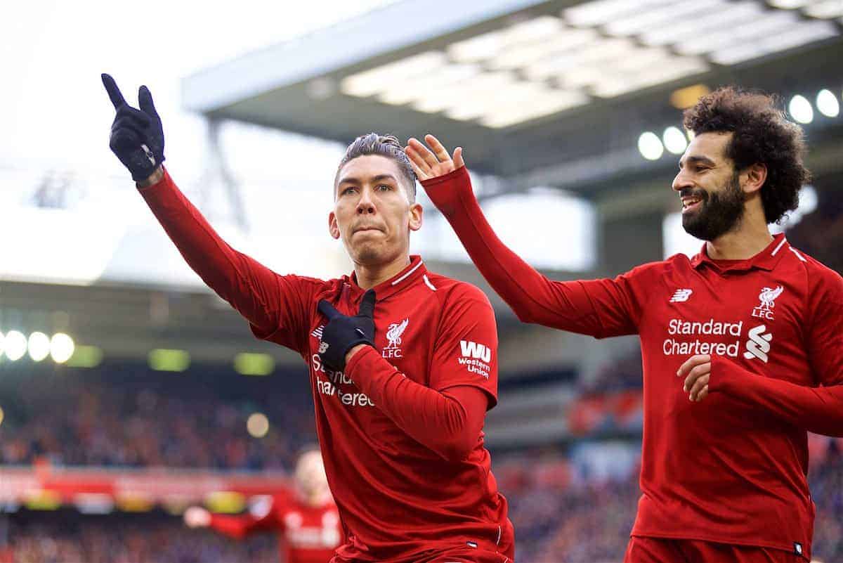 LIVERPOOL, ENGLAND - Saturday, March 9, 2019: Liverpool's Roberto Firmino celebrates scoring the third goal with team-mate Mohamed Salah during the FA Premier League match between Liverpool FC and Burnley FC at Anfield. (Pic by David Rawcliffe/Propaganda)