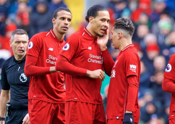 LIVERPOOL, ENGLAND - Saturday, March 9, 2019: Liverpool's captain Virgil van Dijk (C) speaks with Roberto Firmino (R) and Joel Matip looks on (L) during the FA Premier League match between Liverpool FC and Burnley FC at Anfield. (Pic by David Rawcliffe/Propaganda)