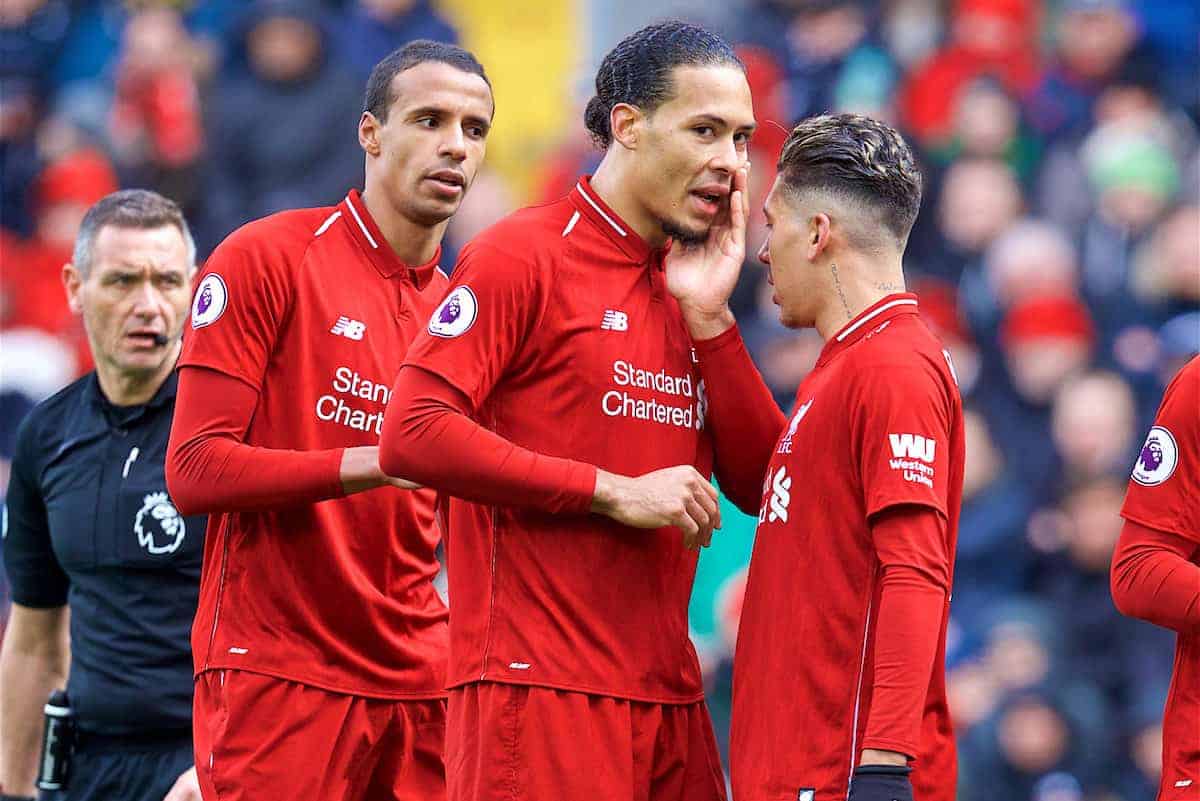 LIVERPOOL, ENGLAND - Saturday, March 9, 2019: Liverpool's captain Virgil van Dijk (C) speaks with Roberto Firmino (R) and Joel Matip looks on (L) during the FA Premier League match between Liverpool FC and Burnley FC at Anfield. (Pic by David Rawcliffe/Propaganda)