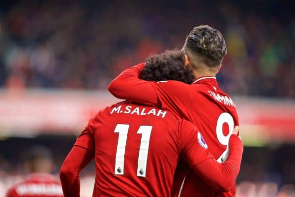 LIVERPOOL, ENGLAND - Saturday, March 9, 2019: Liverpool's Roberto Firmino celebrates scoring the third goal with team-mate Mohamed Salah during the FA Premier League match between Liverpool FC and Burnley FC at Anfield. (Pic by David Rawcliffe/Propaganda)