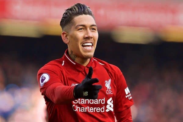 LIVERPOOL, ENGLAND - Saturday, March 9, 2019: Liverpool's Roberto Firmino celebrates scoring the third goal during the FA Premier League match between Liverpool FC and Burnley FC at Anfield. (Pic by David Rawcliffe/Propaganda)