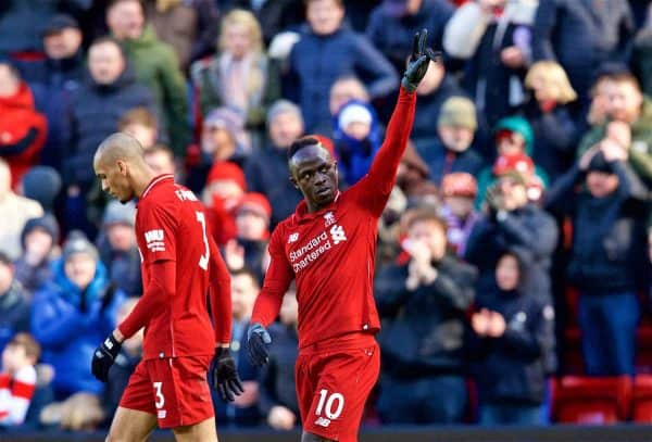 LIVERPOOL, ENGLAND - Saturday, March 9, 2019: Liverpool's Sadio Mane celebrates scoring the fourth goal during the FA Premier League match between Liverpool FC and Burnley FC at Anfield. (Pic by David Rawcliffe/Propaganda)