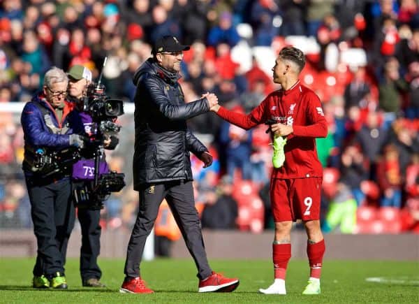 LIVERPOOL, ENGLAND - Saturday, March 9, 2019: Liverpool's manager Jürgen Klopp celebrates with Roberto Firmino after the 4-2 victory during the FA Premier League match between Liverpool FC and Burnley FC at Anfield. (Pic by David Rawcliffe/Propaganda)