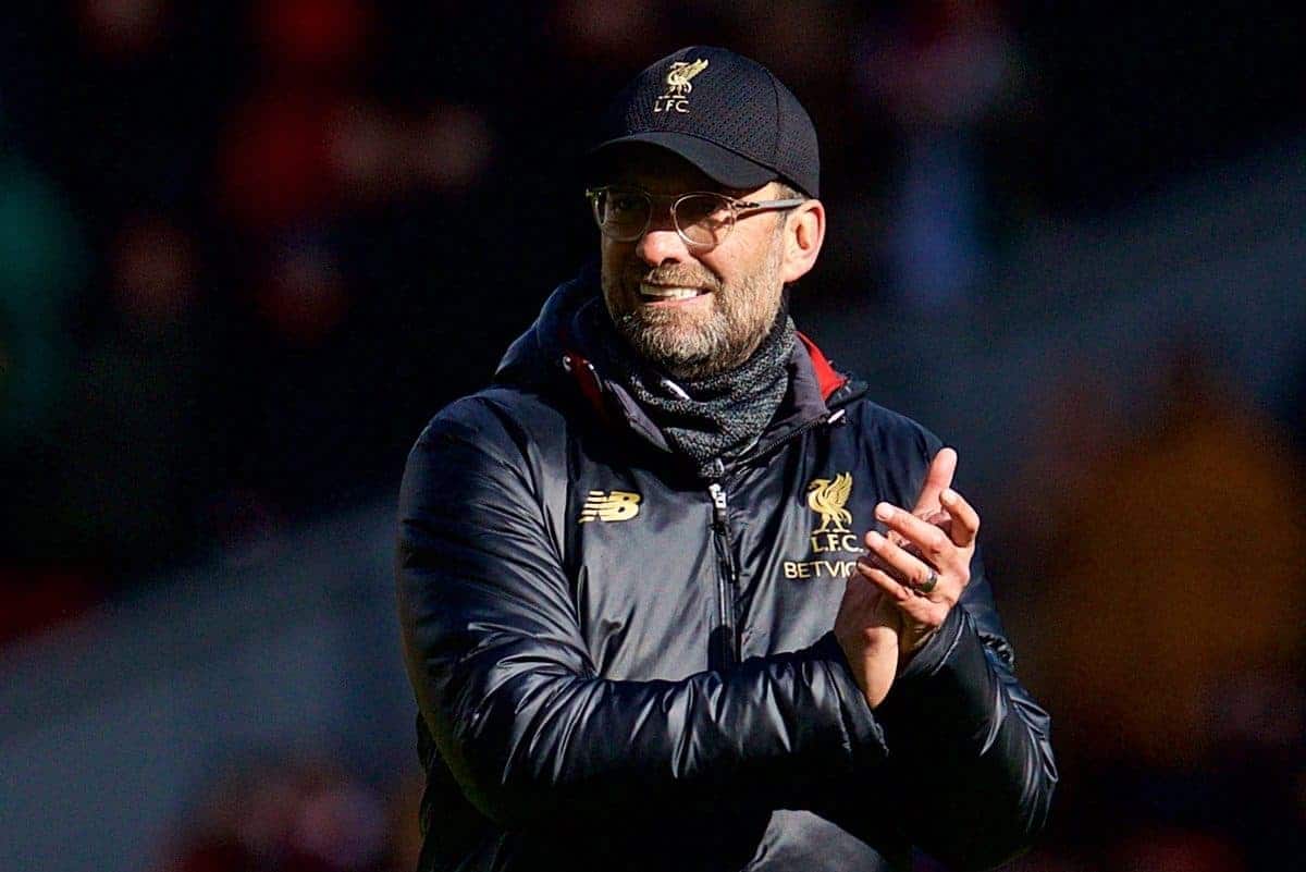 LIVERPOOL, ENGLAND - Saturday, March 9, 2019: Liverpool's manager J¸rgen Klopp celebrates after his side's 4-2 victory during the FA Premier League match between Liverpool FC and Burnley FC at Anfield. (Pic by David Rawcliffe/Propaganda)