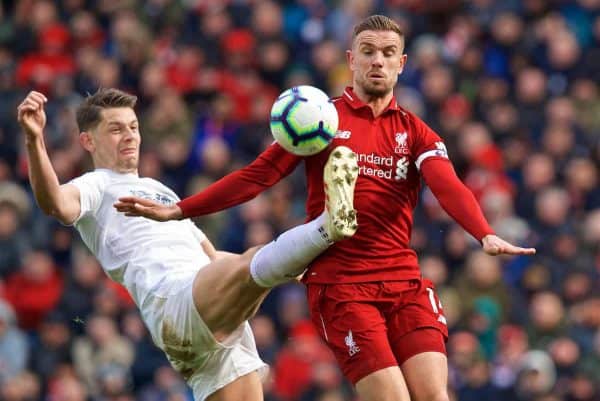 LIVERPOOL, ENGLAND - Saturday, March 9, 2019: Liverpool's captain Jordan Henderson during the FA Premier League match between Liverpool FC and Burnley FC at Anfield. (Pic by David Rawcliffe/Propaganda)