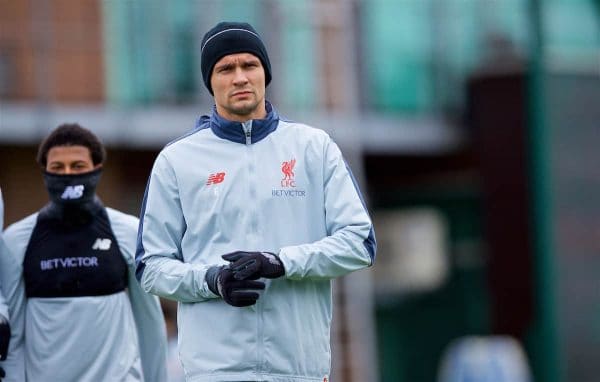 LIVERPOOL, ENGLAND - Tuesday, March 12, 2019: Liverpool's Dejan Lovren during a training session at Melwood Training Ground ahead of the UEFA Champions League Round of 16 1st Leg match between FC Bayern München and Liverpool FC. (Pic by Laura Malkin/Propaganda)