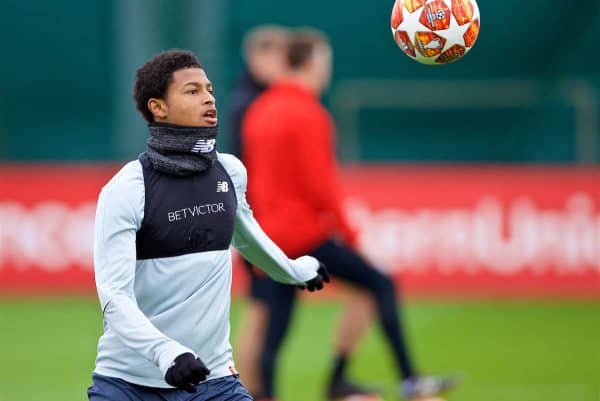 LIVERPOOL, ENGLAND - Tuesday, March 12, 2019: Liverpool's Rhian Brewster during a training session at Melwood Training Ground ahead of the UEFA Champions League Round of 16 1st Leg match between FC Bayern München and Liverpool FC. (Pic by Laura Malkin/Propaganda)