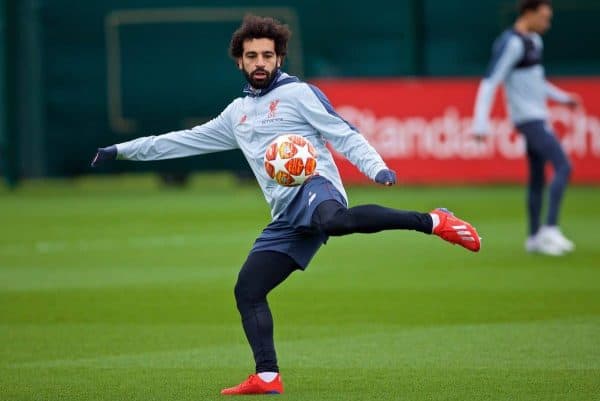 LIVERPOOL, ENGLAND - Tuesday, March 12, 2019: Liverpool's Mohamed Salah during a training session at Melwood Training Ground ahead of the UEFA Champions League Round of 16 1st Leg match between FC Bayern M¸nchen and Liverpool FC. (Pic by Laura Malkin/Propaganda)