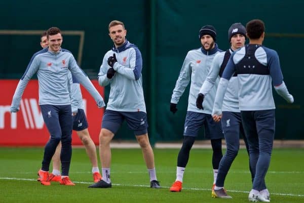 LIVERPOOL, ENGLAND - Tuesday, March 12, 2019: Liverpool's Andy Robertson, captain Jordan Henderson and Adam Lallana during a training session at Melwood Training Ground ahead of the UEFA Champions League Round of 16 1st Leg match between FC Bayern M¸nchen and Liverpool FC. (Pic by Laura Malkin/Propaganda)