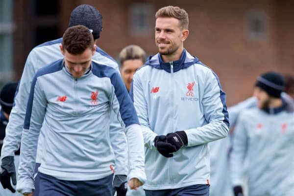 LIVERPOOL, ENGLAND - Tuesday, March 12, 2019: Liverpool's captain Jordan Henderson during a training session at Melwood Training Ground ahead of the UEFA Champions League Round of 16 1st Leg match between FC Bayern München and Liverpool FC. (Pic by Laura Malkin/Propaganda)