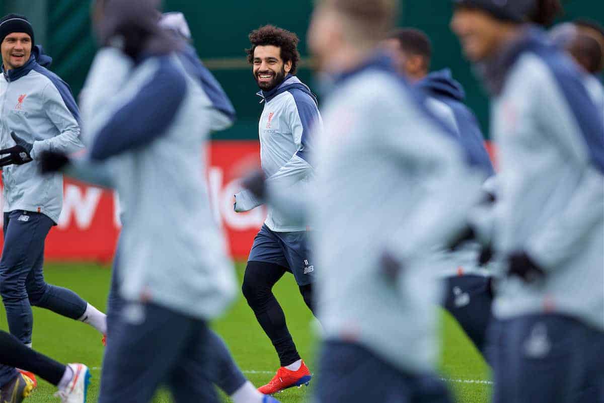 LIVERPOOL, ENGLAND - Tuesday, March 12, 2019: Liverpool's Mohamed Salah during a training session at Melwood Training Ground ahead of the UEFA Champions League Round of 16 1st Leg match between FC Bayern München and Liverpool FC. (Pic by Laura Malkin/Propaganda)