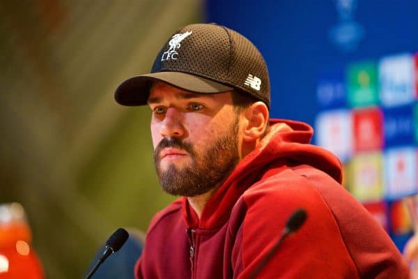 MUNICH, GERMANY - Tuesday, March 12, 2019: Liverpool's goalkeeper Alisson Becker during a press conference ahead of the UEFA Champions League Round of 16 2nd Leg match between FC Bayern München and Liverpool FC at the Allianz Arena. (Pic by David Rawcliffe/Propaganda)